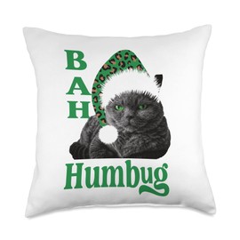 Bah Humbug Cat Leopard Print Santa Hat Christmas Holiday Throw Pillow