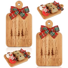 JarThenaAMCS 2 Pcs Merry Christmas Wood Cutting Board with Ribbon Xmas Tree Kitchen Charcuterie Board Serving Platter Tray for Winter Home Party Gift Decor