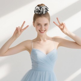 Vintage Plaid Cotton Scrunchies for Women - Extra Large 6.2 in (16cm) Hair Ties with Layered, 17 Colors Retro Hair Accessories for School & Daily Use (Classic Checkered) (Grey, Baby)