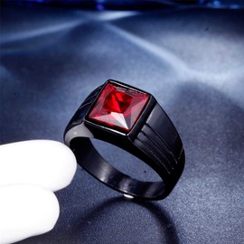 PAMTIER Men's Women's Stainless Steel with Square Stone Ring Black Red Size 7