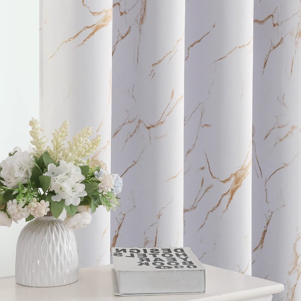H.VERSAILTEX 100% Blackout Curtains 96 inch Length 2 Panels Set Marble Designs Printed Drapes Thermal Curtains for Bedroom with Black Liner Sound Proof Curtains, Gold