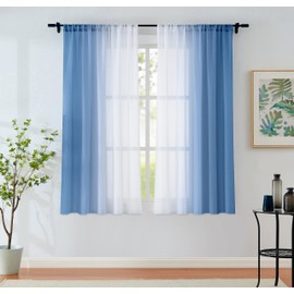 Ombre Chiffon Sheer Curtains Blue Crushed Crinkle Semi Voile Curtain Panels for Bedroom Living Room Decoration, Light Filtering Not See Through Window Treatments Rod Pocket, 2 Panels, 52" Wx54 L