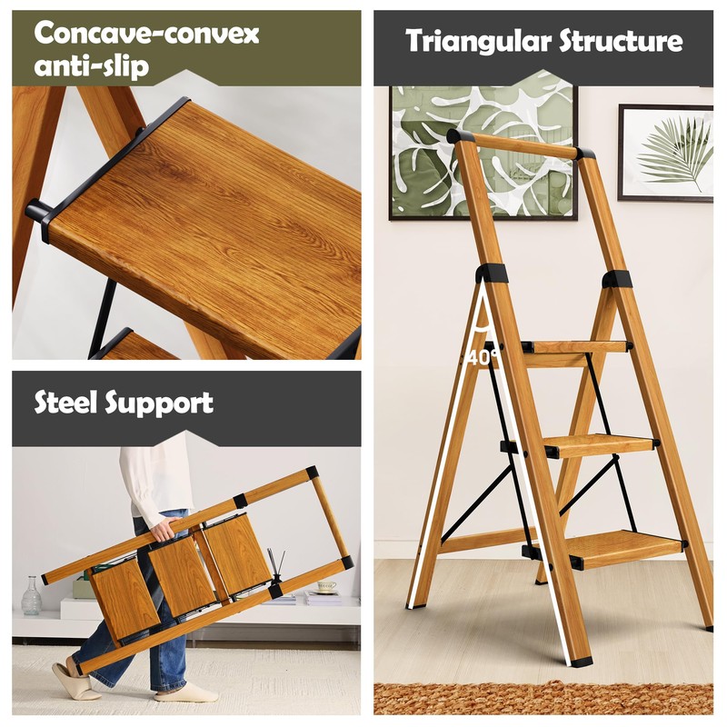 Taranta 3 Step Ladder, Portable Folding Ladder with Wide Pedal,