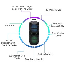 Technical Pro 400-Watt Rechargeable Bluetooth Speaker - Dual 8" Colourful LED Woofers, USB Mode, SD Card, FM Radio, Mic Input for Perfect On-The-Go Karaoke, Party Nights