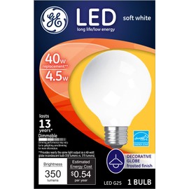 GE Dimmable LED Light Bulb, Frosted Decorative G25 Globe Light Bulb, 4.5-Watt (40-Watt Replacement) 350-Lumen, Soft White, Medium Light Bulb Base, 1 Pack LED Bulbs