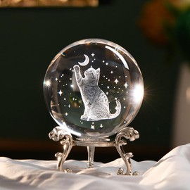 ZRENJHUS 3D Cat Gifts for Women Cat Crystal Ball for Cat Lover Cat Moon Star Themed Gifts with Stand Cat Related Paperweights 60mm Glass Cat Globe Decor Cat Sphere Presents for Women