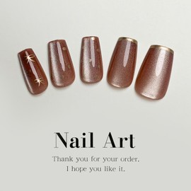 Square Press on Nails Short Cat Eye Fake Nails Nude Pink Glossy Acrylic Nails Gold Bow Designs Glue on Nails French False Nails Artificial Stick on Nails for Women Manicure Nail Decorations 24pcs