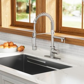 Dual Spout Kitchen Faucet with Pull Down Sprayer, Brushed Nickel Stainless Steel Commercial Sink Faucet with Pot Filler, Single Handle, 1 or 3 Hole Install, for Farmhouse RV Laundry Utility Wet Bar