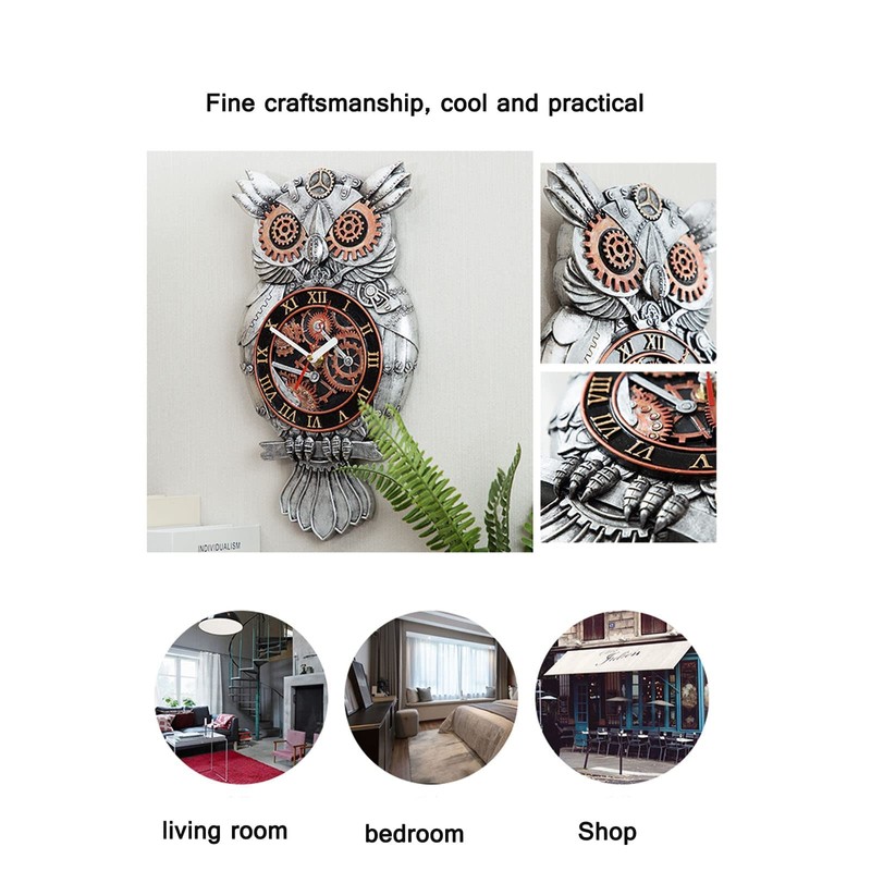 RGWYGCG Steampunk Wall Clock, Owl Decor - Handmade Resin Antique
