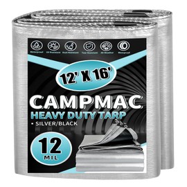 CAMPMAC Heavy Duty Tarp 12' x 16', 12 Mil Thick Waterproof Poly Tarps, High Durability, Rip and Tear Resistant with Metal Grommets Every 20 Inches (Silver/Black)