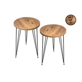 Set of 2 END Table - PAK Home Round Wood Sofa Side Tables for Small Spaces, Nightstand Bedside Table with Metal Legs for Bedroom, Living Room, Office, Balcony (Pine Wood)