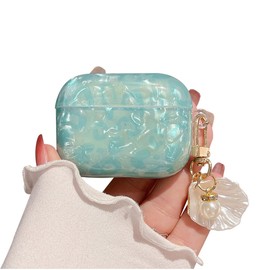 PHOEACC Cute Case for Airpod Pro 2 with Shell Pearl Keychain Luxury Aesthetic Leopard Hard TPU Protective Cover Compatible with AirPods Pro 2019 2022 2023 for Girls Women (Turquoise Blue)