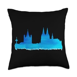 Beautiful Cologne Designs For Cologne Lovers Cathedral Blue Painting Silhouette Cologne Skyline Throw Pillow, 18x18, Multicolor