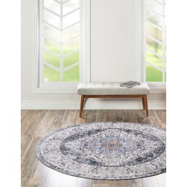 Unique Loom Yara Collection Area Rug - Yash (3' 3" Round Linen Charcoal/Beige)
