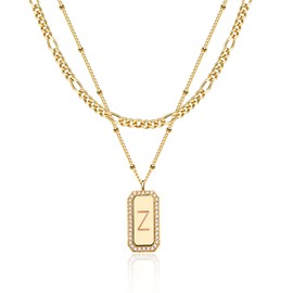 Dainty Layered Initial Necklaces for Women Trendy 14K Real Gold Plated Figaro Chain Necklace Cute Square Rectangle Letter Pendant Initial Choker Necklace Gold Layered Necklaces for Women