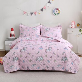 Pink Unicorn Girls Quilt Set Full Size Kids Bedding Sets Lightweight Summer Bedspread Soft Microfiber Breathable Bed Comforter All-Season