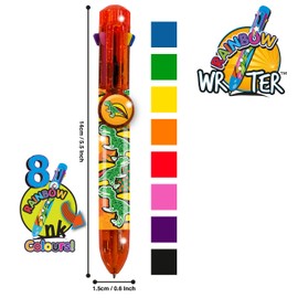 Deluxebase Rainbow Writer - T-Rex, Multicolour Pen from 8 in 1 retractable ballpoint pen, great novelty pens for kids and ideal office or school supplies