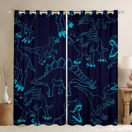 Dinosaur Curtains for Bedroom 3D Digital Print Darkening Dreapes Cute Dinosaur Printed Comter 30%-50% Blackout Curtains Wild Animal Pattern Theme Blue Window Treatments (2 Panels, 38 x 54 Inch)