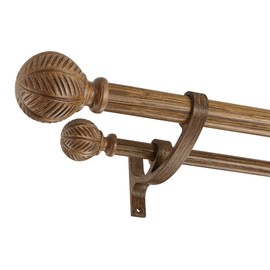 Mayrhyme Wood Double Curtain Rods Set for Windows 72 to 144 Inches (6 to 12 ft), Adjustable Heavy Duty Dual Drapery Rods,1 Inch Boho Rustic Decorative Design with Imitation Wood Grain Leaf Finials