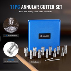 ZELCAN Annular Cutter Set, 11pc Mag Drill Bit Kit with 1" Cutting Depth, 7/16" to 1-1/16" Cutting Diameter, HSS Spiral Flute Annular Cutters with 2 Pilot Pins & Carrying Case for Steel Aluminum Copper
