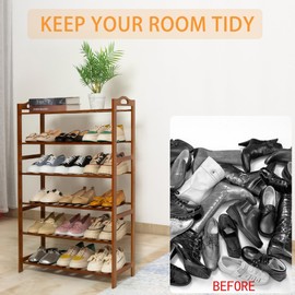 RKK Shoe Rack for Front Foor Entrance, Bamboo Shoe Rack for Closet Shoe Organizer Closet Organizers and Storage Shelves (Brown, 6 Tier)