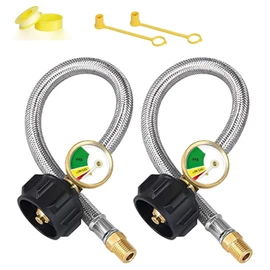 2PCS RV Propane Hose with Gauge, 20 inch Braided Camper Propane Hose, Stainless Steel Rv lp Gas Hoses Connector with 1/4" Male NPT & QCC Type1 Inlet, 350PSI