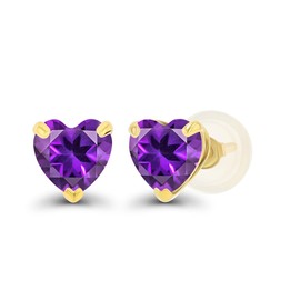 Solid 14K Yellow Gold 5mm Heart Natural Purple Amethyst February Birthstone Genuine Stud Earrings For Women