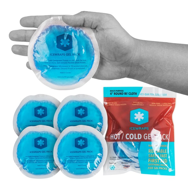 ICEWRAPS Round Hot and Cold Gel Ice Packs Reusable with Cloth Backing | Reusable Gel Ice Packs for Injuries | Hot Cold Compress for Toothache, Face and Breast and Surgery Pain Relief | Pack of 5