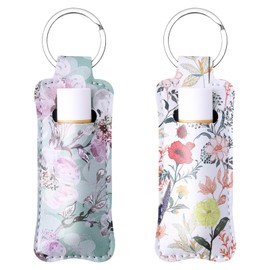 Gerkia Two-piece Chapstick Holder KeyChain，Cute Leather Women and Men Lip Balm Holder Lipstick Key Chain. (Flora-6)