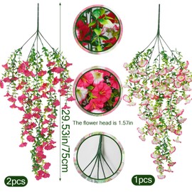 ACRYCS 3 Pcs Artificial Hanging Flowers for Outdoors Morning Glory Artificial Flowers Spring Summer Decoration UV Resistant Hot Pink Faux Flowers for Outdoor Planters Front Door Porch Patio Yard Decor