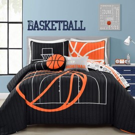 Lush Decor Basketball Game Reversible Quilt Set, 5 Piece Set, Full/ Queen, Black & Orange - Soft Teen Bedding Set - Basketball Decor - Sports Quilt - Kids Bedroom Decor