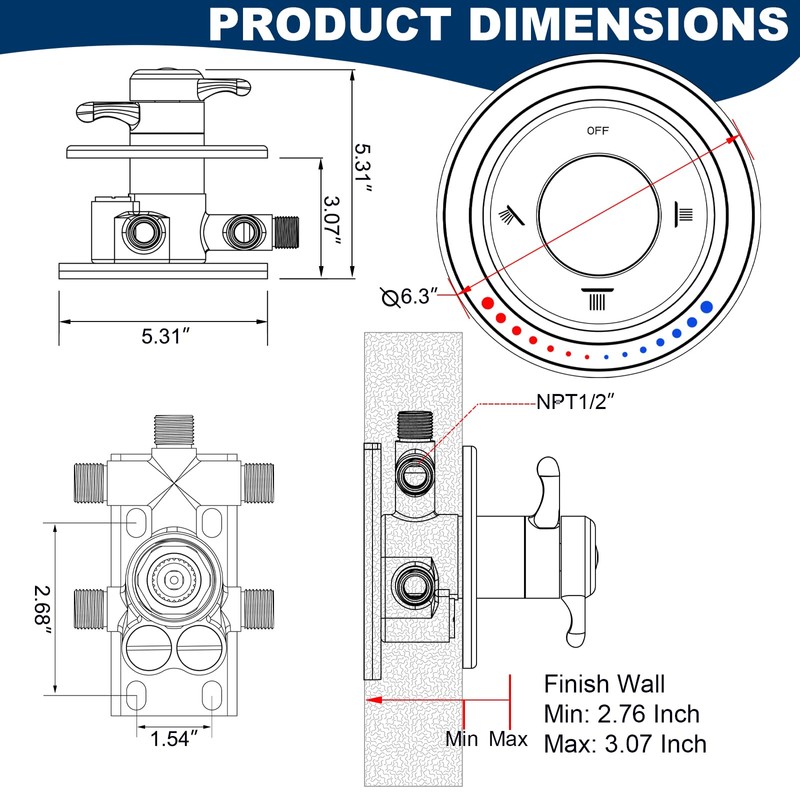 ZYGOLVQ Three Function Shower Valve with Trim Kit, Adjustable Water