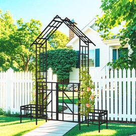 Metal Garden Arbor Arch with Gate and Plant Box, 97“ H Garden Trellis Wedding Arch Party Decoration for Outdoor Lawn Climbing Plants Support Roses Vines (Black Line)