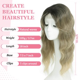 Lasunork Hair Toppers for Women Wavy Curly Hair Topper Hand-Tied Lace Clip in Fringe (Ombre Light Brown to Blonde)