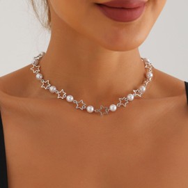 Cybche Vintage Pearl Necklace Choker Necklace Silver Hollow Star Necklace Boho Star Necklace Choker White Pearl Collar Necklace Wedding Pearl Necklace Jewellery for Women, Zinc, No Gemstone