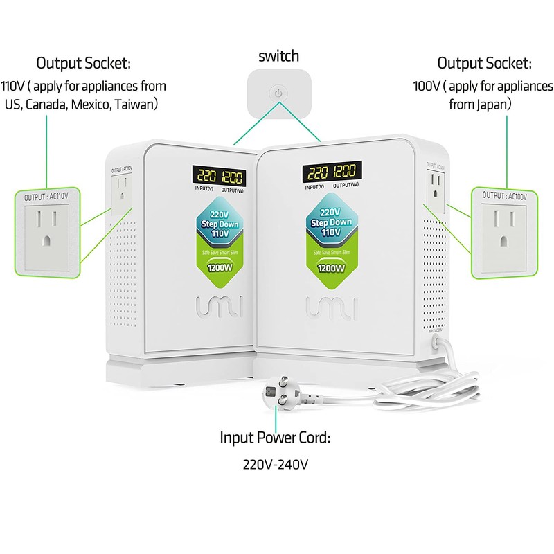 UMI 220V to 110V Step Down Voltage Converter 1200Watts Continuous