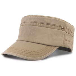 JremPan Military Hats for Men - Washed Cotton Military Caps Cadet Army Cap Vintage Adjustable Flat Top Cap (Khaki)