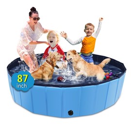 CACSPS Foldable Dog Pool, 87" x 14" Large Kiddie Pool with Hard Plastic, Non-Slip Dog Bath Tub for Outdoor Backyard, Collapsible Dog Swimming Pool for Kids Dogs Pets (Blue)