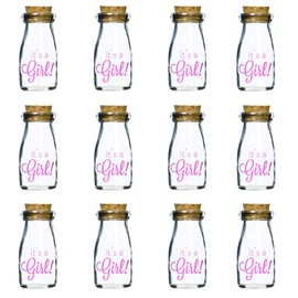 Kate Aspen 12 Piece Vintage Milk Favor Jar, DIY Baby Shower Party Favor, Centerpiece, Bud Vase, It's a Girl/Pink