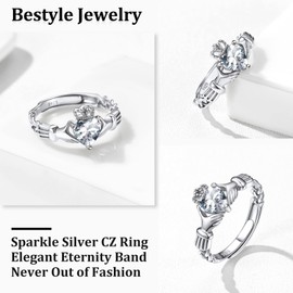 Bestyle Silver Ring Heart Cut Cubic Zirconia Rings for Women Girls, April Created White Diamond Wedding Band Rings, Statement and Promise Ring for Engagement/Wedding/Anniversary