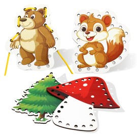 JULEASEL Montessori Wooden-Lacing Cards, Fine Motor Skills, Cute Bear Lacing Cards (Forest)