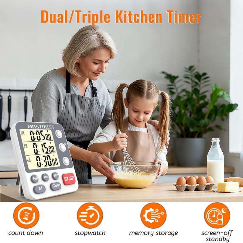 MOSTRUST Digital Dual Kitchen Timer, 3 Channels Countdown Triple Timer