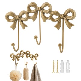 Giyochie 3-Pack Gold Bow Wall Hooks, Vintage Iron Wall Mounted Hooks for Hanging Coats, Towels, Bags, Decorative Hardware for Bathroom, Living Room, Includes Screws and Anchors