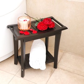 VICTORY RELAX Shower Stool Wood, 2-Tier Wooden Shower Bench for Inside Bathroom Sitting, Heavy Duty Chair with Storage Shelf, Acacia Wood Waterproof - Black