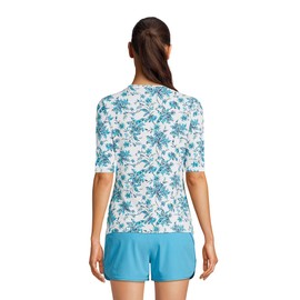 Lands' End Womens Elbow Sleeve Crewneck Swim Tee Rash Guard White/Turquoise Jacobean Regular X-Small
