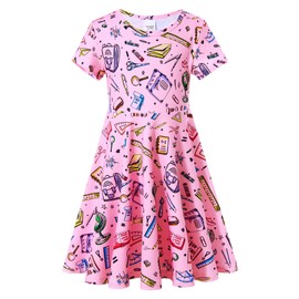 ALISISTER Little Size 5 Girls Back to School Dress Pencils Notebooks Dresses Party Outfits Short Sleeve Twirl Sundress Pink