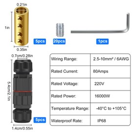 Linkstyle 5PCS IP68 Waterproof Junction Box, Electrical Cable Wire Connectors, with 6-10 AWG 80A Screw Wire Connector Nut