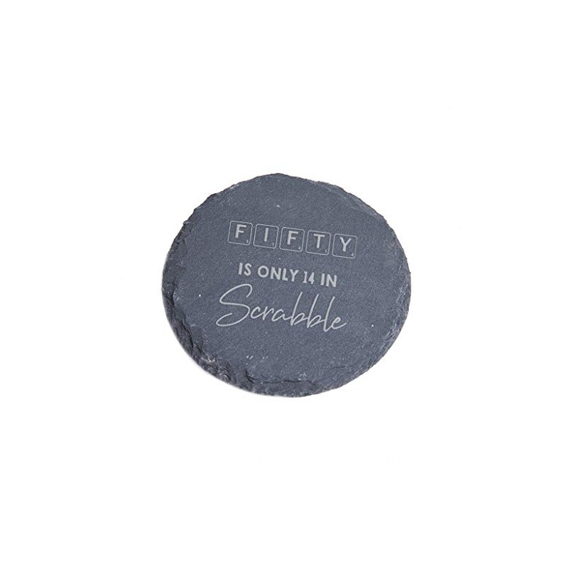 "Fifty Is Only 14 In Scrabble" Engraved Slate Coaster -