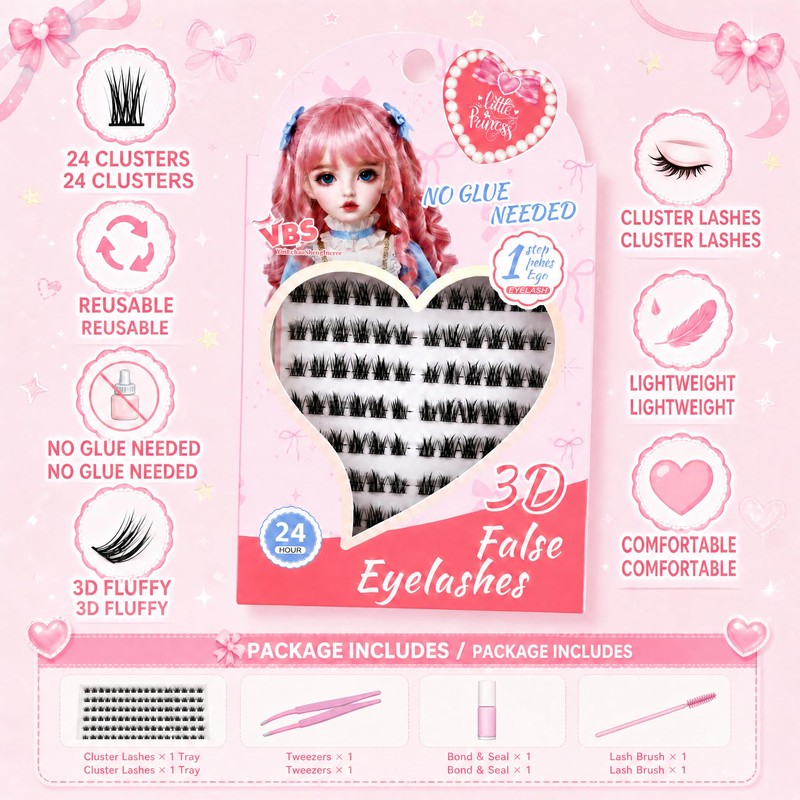 Little Princess 3D False Eyelashes - No Glue Needed Cluster