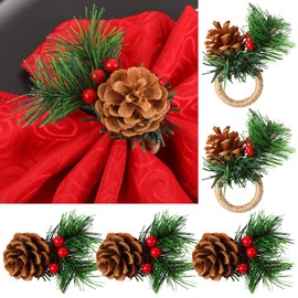 6 Pieces Pine Cone Christmas Napkin Rattan Rings Holder Napkin Holders Xmas Napkin Ring Rustic Napkin Ring for Christmas Wedding Party Dinner Table Decor(Vivid Style)